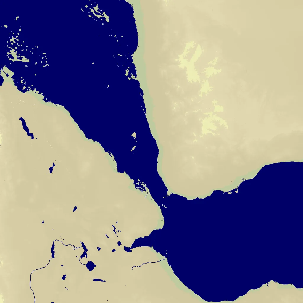 Officieel OpenFront-kaartbeeld van de Scheur van Bab el-Mandeb met de Hoorn van Afrika en het Arabische Schiereiland, de smalle waterdoorgang ertussen en de eilandgroepen rond elke kust