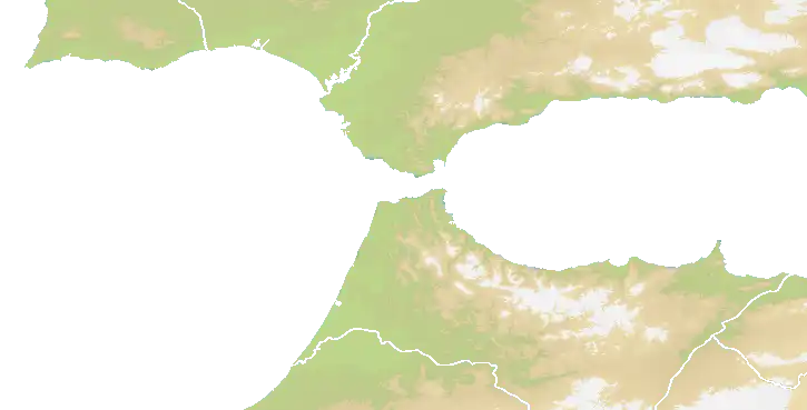 Official OpenFront Strait of Gibraltar thumbnail showing the Iberian peninsula, the northern African coast, the narrow strait, and the Gibraltar and Ceuta markers